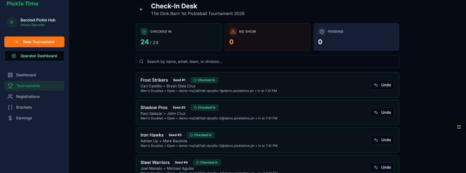 Check-in desk with checked in, no show and pending counts