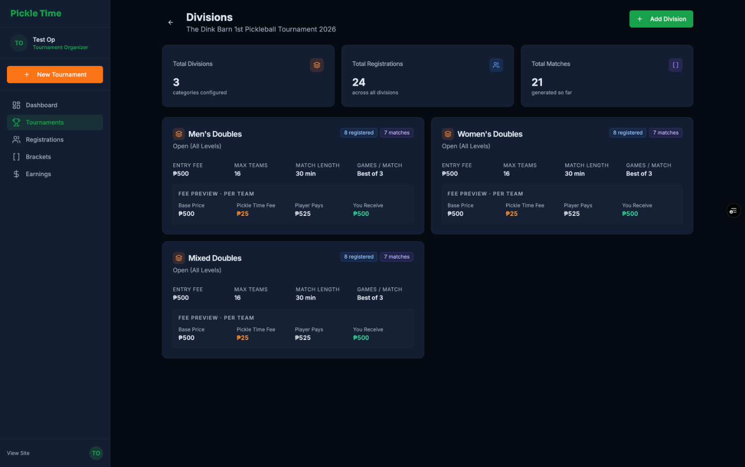Division setup with entry fees and per team fee preview