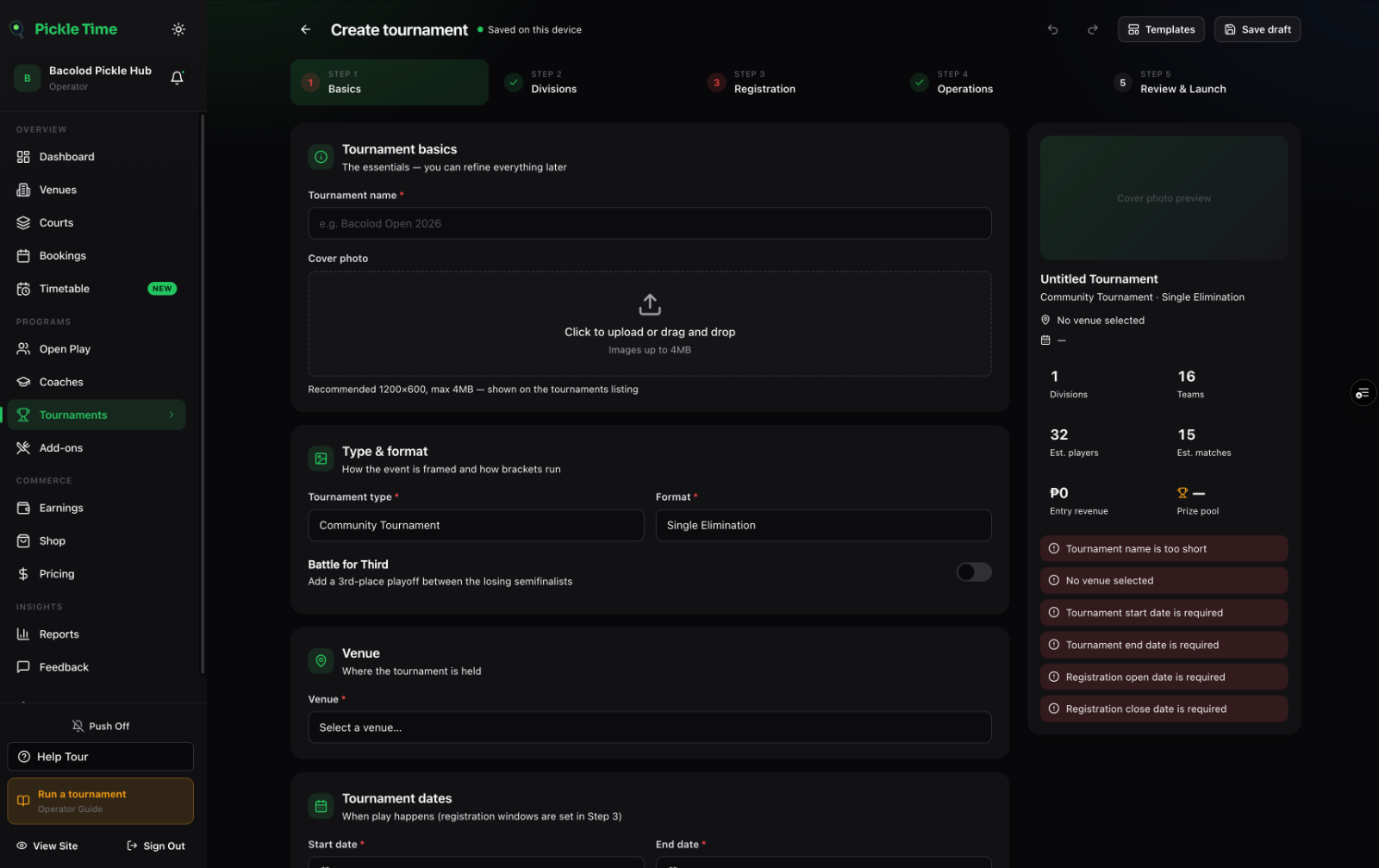 Create tournament wizard with steps, basics form and live summary panel