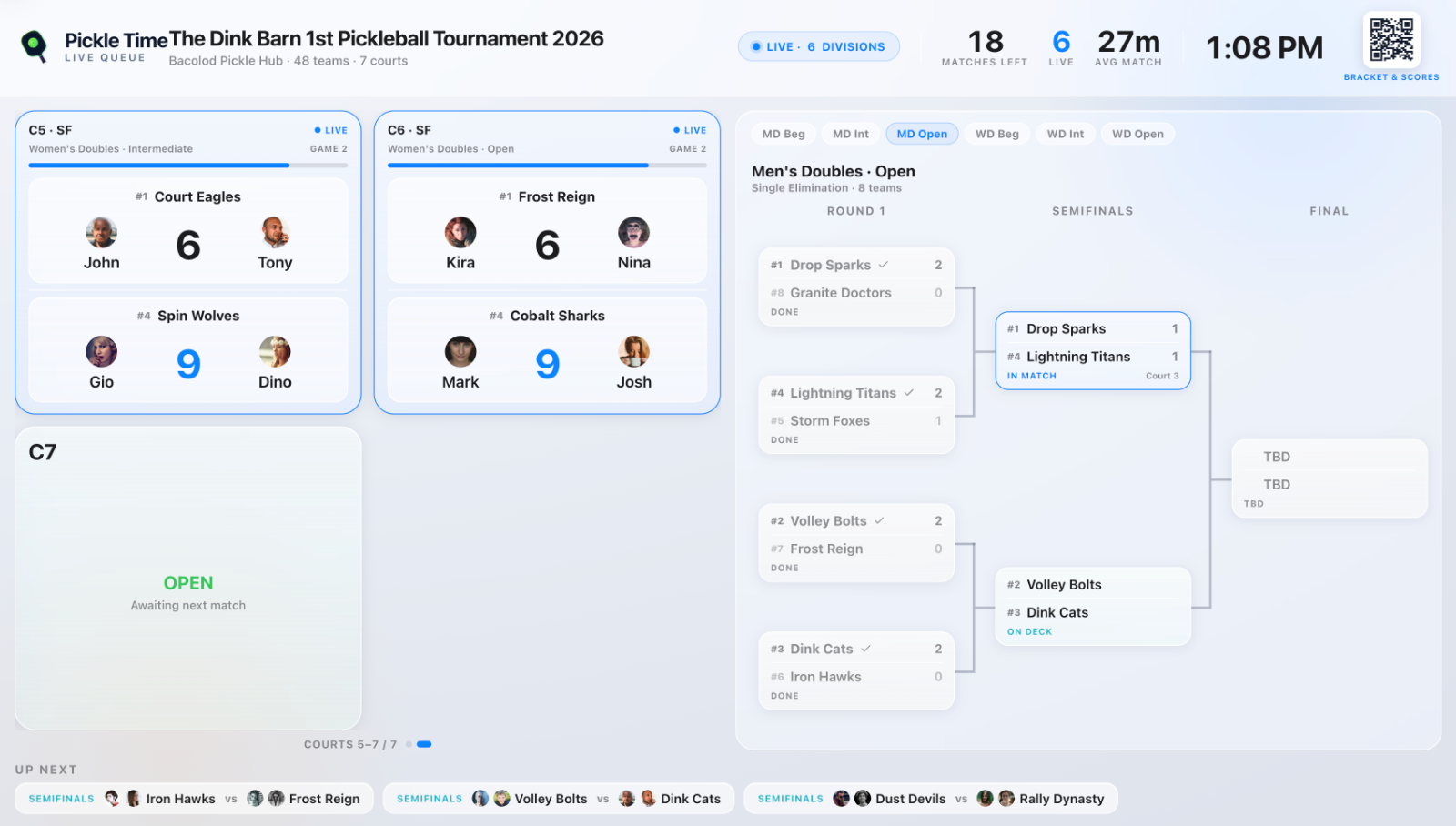 Tournament TV board with live scores, bracket and up next