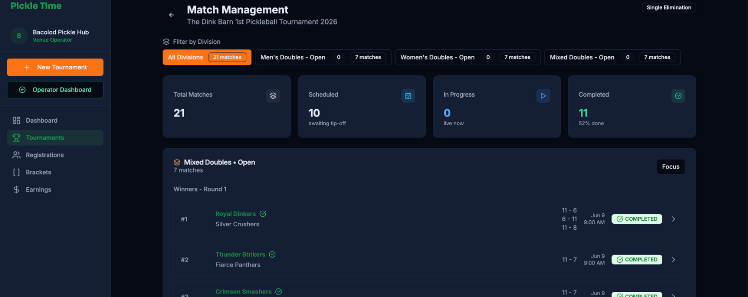 Match management with status counters and rounds