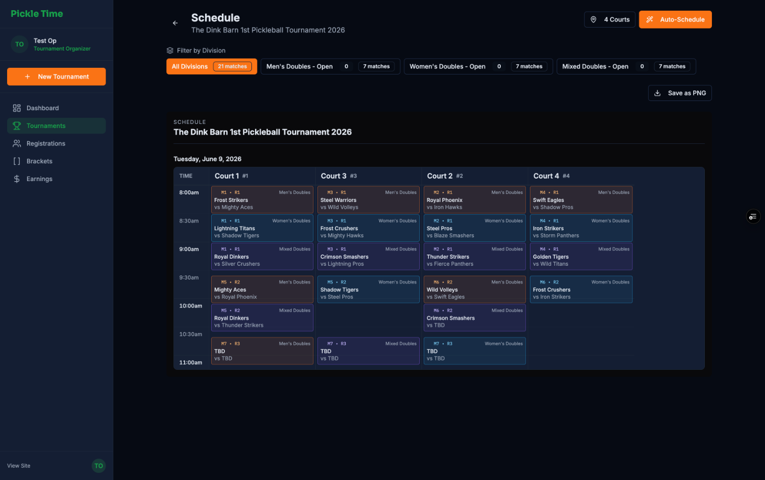 Generated schedule across courts and time slots